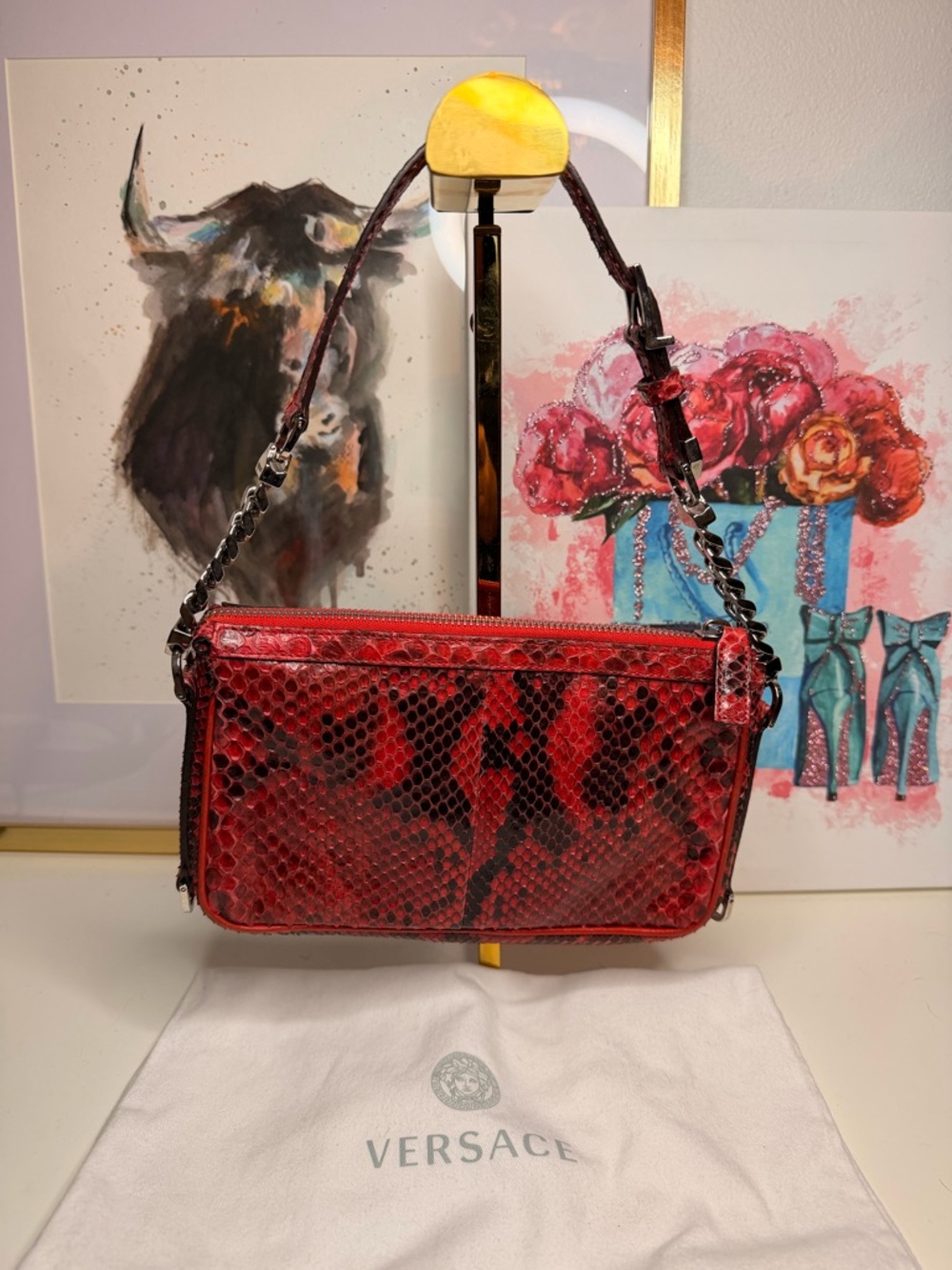 Versace Red Snake-Embossed Leather Shoulder Bag